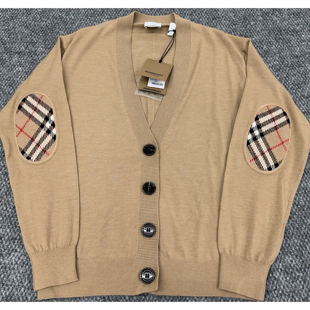Burberry London Women's XS Wool Cardigan Knit Sweater Nova Check Elbow Patches